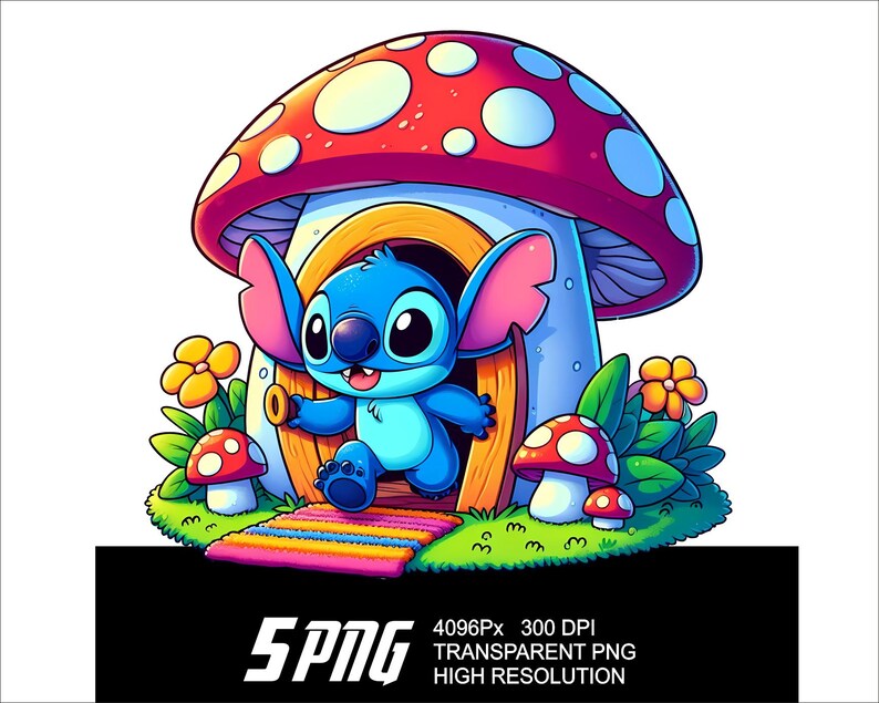 May include: A blue cartoon character with large ears and big eyes is standing in the doorway of a red and white mushroom house. The house is surrounded by green grass and yellow flowers.