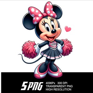 May include: A cartoon illustration of Minnie Mouse dressed as a cheerleader. She is wearing a black and white cheerleading uniform with a pink bow in her hair and pink pom-poms. She is smiling and holding her pom-poms in front of her.