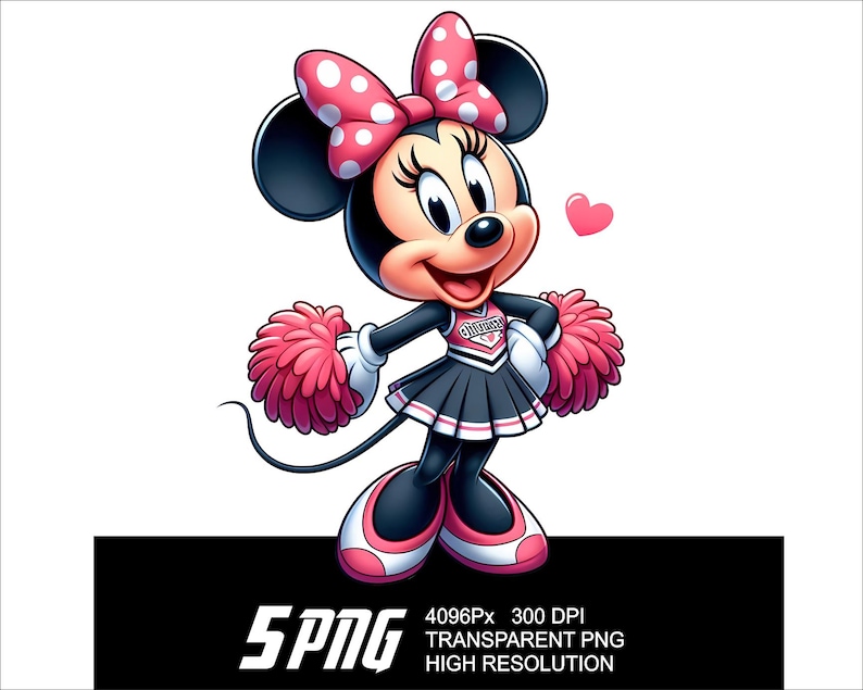 May include: A cartoon illustration of Minnie Mouse dressed as a cheerleader. She is wearing a black and white cheerleading uniform with a pink bow in her hair and pink pom-poms. She is smiling and holding her pom-poms in front of her.