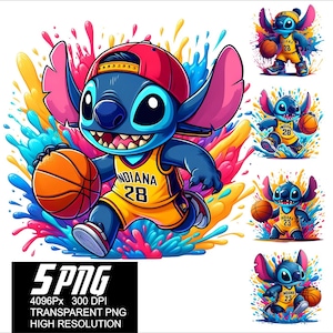 May include: A blue cartoon character wearing a basketball uniform with the word "Indiana" and the number "28" on it. The character is holding a basketball and is surrounded by colorful paint splatters.