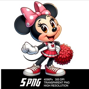 May include: A cartoon illustration of a red and black cheerleader with a red pom-pom. She is wearing a red and white skirt, a red top with a white "M" on it, and a pink bow with white polka dots.