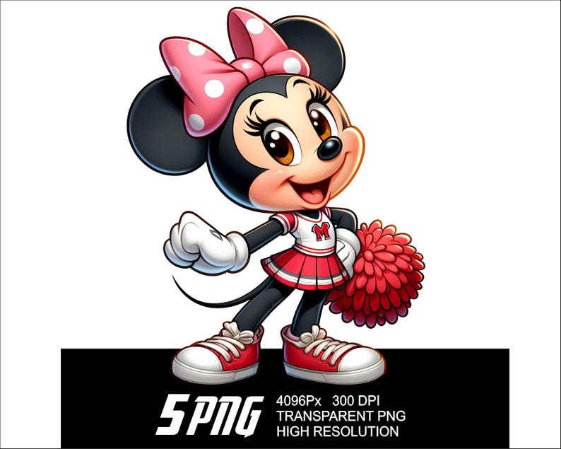 May include: A cartoon illustration of a red and black cheerleader with a red pom-pom. She is wearing a red and white skirt, a red top with a white "M" on it, and a pink bow with white polka dots.