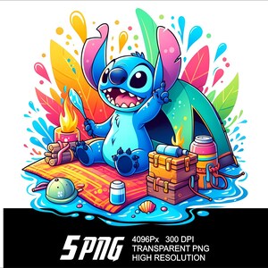 Puede incluir: Ilustraci&oacute;n vibrante de un personaje de dibujos animados azul acampando. El personaje est&aacute; sentado en una alfombra colorida con una tienda de campa&ntilde;a, una fogata y provisiones. La imagen tiene un estilo de dibujos animados con colores brillantes y el texto "5PNG".