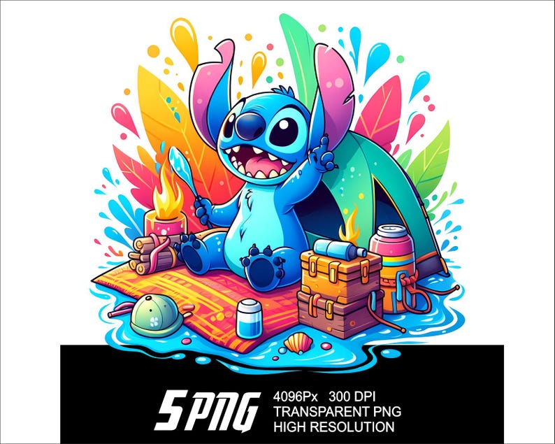 Puede incluir: Ilustraci&oacute;n vibrante de un personaje de dibujos animados azul acampando. El personaje est&aacute; sentado en una alfombra colorida con una tienda de campa&ntilde;a, una fogata y provisiones. La imagen tiene un estilo de dibujos animados con colores brillantes y el texto "5PNG".