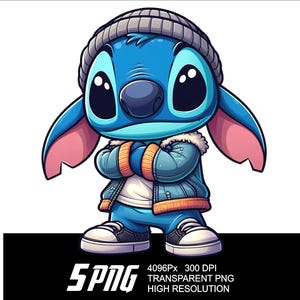 May include: A blue cartoon character with large eyes and a pink ear wearing a gray and white beanie and a blue denim jacket with orange accents. The character is standing with its arms crossed.