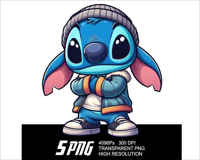 May include: A blue cartoon character with large eyes and a pink ear wearing a gray and white beanie and a blue denim jacket with orange accents. The character is standing with its arms crossed.