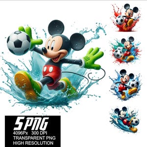 May include: Mickey Mouse playing soccer in a blue, red, and green water splash. He is wearing a red and white jersey and a green and white soccer uniform. He is holding a soccer ball in his right hand and kicking the ball with his left foot. The background is white.