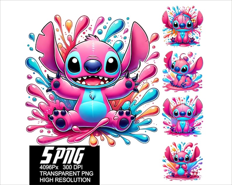 May include: A pink and blue cartoon character with large eyes and a mischievous grin, standing in a colourful splash of paint. The character is surrounded by bright pink, blue and yellow paint splatters. The image is a digital illustration.