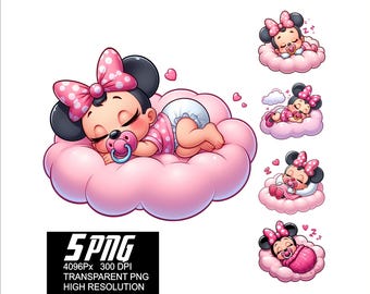 5 PNG Minnie Baby Cloud Sleep Design Mouse Baby High Resolution 4096px  Designs suitable printing or Sublimation for Tshirt Sticker Mug