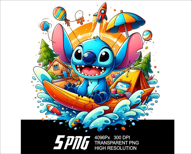 Puede incluir: Ilustraci&oacute;n de dibujos animados colorida de Stitch de Lilo & Stitch en un kayak amarillo, rodeado de salpicaduras de agua. La imagen presenta un cohete, una sombrilla y una tienda de campa&ntilde;a, con un sol naranja brillante en el fondo. El texto "5PNG" est&aacute; en la parte inferior.