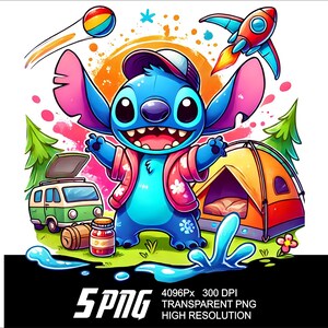 Puede incluir: Ilustraci&oacute;n de dibujos animados colorida de un personaje alien&iacute;gena azul con una chaqueta rosa, rodeado de elementos tem&aacute;ticos de acampada y viajes. Se muestra un cohete, una tienda de campa&ntilde;a y una furgoneta. La imagen incluye el texto "5PNG".