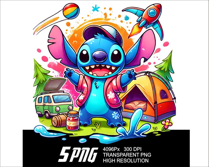 Puede incluir: Ilustraci&oacute;n de dibujos animados colorida de un personaje alien&iacute;gena azul con una chaqueta rosa, rodeado de elementos tem&aacute;ticos de acampada y viajes. Se muestra un cohete, una tienda de campa&ntilde;a y una furgoneta. La imagen incluye el texto "5PNG".