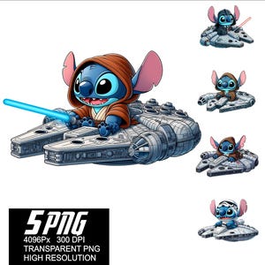 May include: Five digital illustrations of Stitch from Lilo & Stitch dressed as a Jedi Knight, piloting a Millennium Falcon spaceship. Each image features a different color lightsaber and a different color for Stitch's clothing.