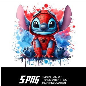 May include: A blue Stitch character wearing a red and blue Spiderman costume with a black spider logo on the chest. The character is sitting on a blue and red watercolor background.