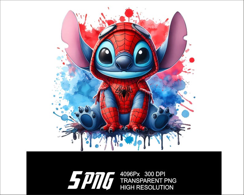 May include: A blue Stitch character wearing a red and blue Spiderman costume with a black spider logo on the chest. The character is sitting on a blue and red watercolor background.