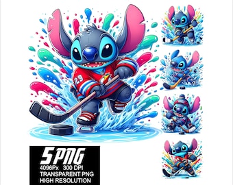 5 PNG Stitch Hockey Design Ice Hockey Stitch Png Diseños de alta resolución 4096px para impresión o sublimación de camisetas, calcomanías y tazas