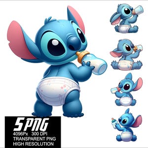 5 diseños PNG de Stitch Baby Milk Diseño de Baby Stitch de alta resolución de 4096 px Diseños adecuados para impresión o sublimación para camisetas, calcomanías y tazas