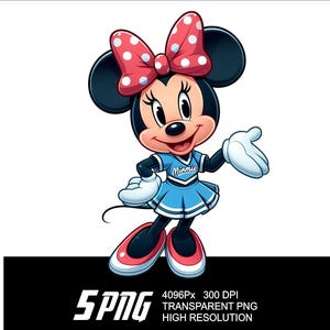 May include: Minnie Mouse is dressed as a cheerleader in a blue and white uniform with a red bow in her hair. She is smiling and waving with her right hand. The text "Minnie" is on her uniform.