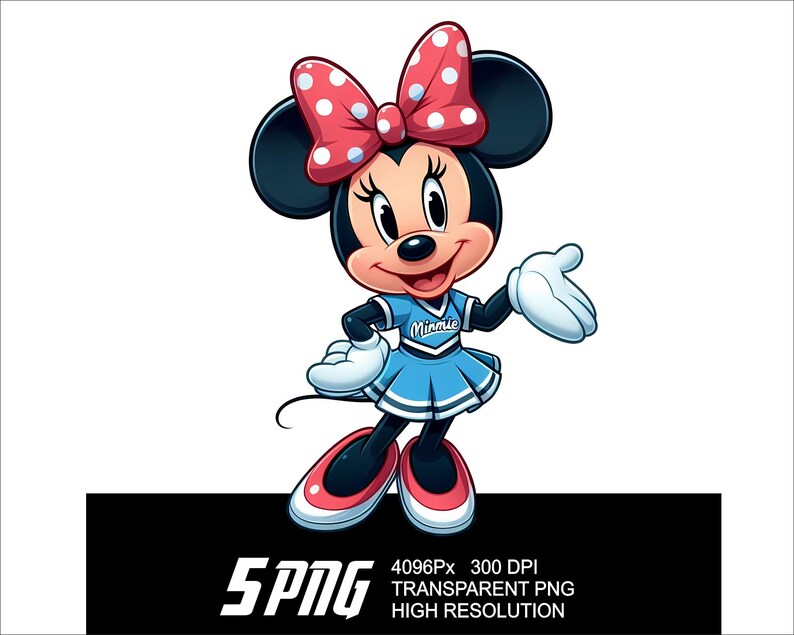 May include: Minnie Mouse is dressed as a cheerleader in a blue and white uniform with a red bow in her hair. She is smiling and waving with her right hand. The text "Minnie" is on her uniform.