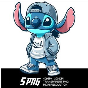 May include: A blue cartoon character with large ears, wearing a grey jacket, white shirt with the word "Stitch" on it, and a blue and white baseball cap. The character is standing with its feet slightly apart and has a friendly expression.