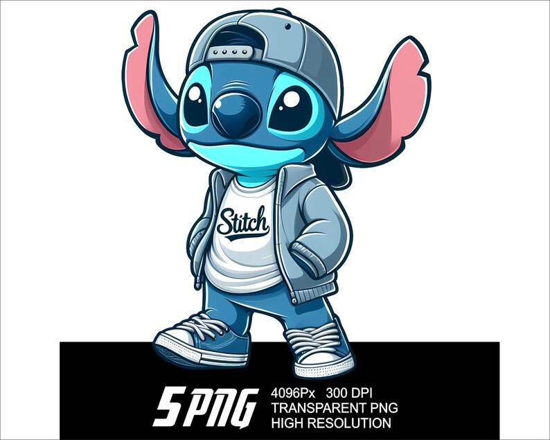May include: A blue cartoon character with large ears, wearing a grey jacket, white shirt with the word "Stitch" on it, and a blue and white baseball cap. The character is standing with its feet slightly apart and has a friendly expression.
