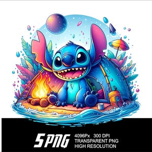 Puede incluir: Una vibrante ilustraci&oacute;n de un personaje de dibujos animados azul con grandes orejas y una amplia sonrisa, acampando cerca de una fogata y una tienda de campa&ntilde;a. La obra de arte presenta colores brillantes, incluyendo rosa, morado y azul, con una playa y un planeta en el fondo.