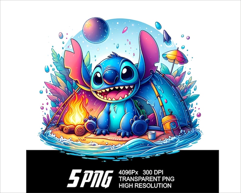 Puede incluir: Una vibrante ilustraci&oacute;n de un personaje de dibujos animados azul con grandes orejas y una amplia sonrisa, acampando cerca de una fogata y una tienda de campa&ntilde;a. La obra de arte presenta colores brillantes, incluyendo rosa, morado y azul, con una playa y un planeta en el fondo.