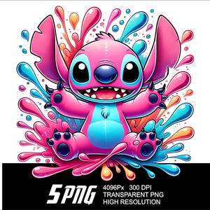 May include: A pink and blue cartoon character with large ears and a big smile, surrounded by colourful paint splatters. The character is wearing a blue shirt and has large, black eyes.