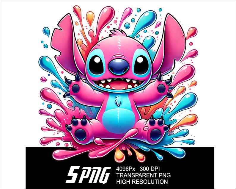 May include: A pink and blue cartoon character with large ears and a big smile, surrounded by colourful paint splatters. The character is wearing a blue shirt and has large, black eyes.