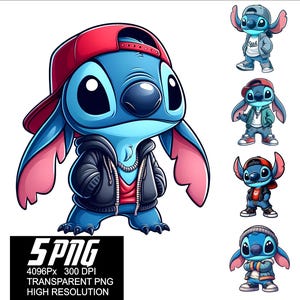 May include: Five digital illustrations of a blue cartoon character with large ears, wearing different outfits. The character is wearing a red baseball cap, a black leather jacket, and a red shirt. The character is also wearing a silver chain necklace. The character is standing with its arms crossed. The background is white.
