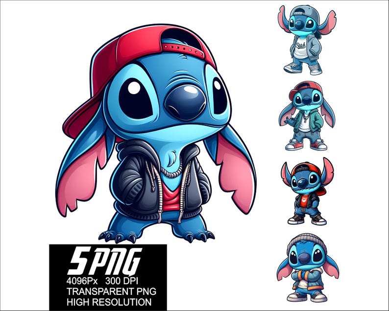 May include: Five digital illustrations of a blue cartoon character with large ears, wearing different outfits. The character is wearing a red baseball cap, a black leather jacket, and a red shirt. The character is also wearing a silver chain necklace. The character is standing with its arms crossed. The background is white.