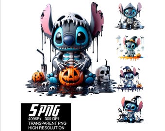 5 PNG Stitch Halloween Design Spooky Png Wysoka rozdzielczość 4096px Wzory do drukowania lub sublimacji na koszulkę, naklejkę, kubek