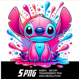 May include: A pink and blue cartoon character with large ears and a stitched-up face, surrounded by colourful paint splatters. The character is sitting in a puddle of pink paint.