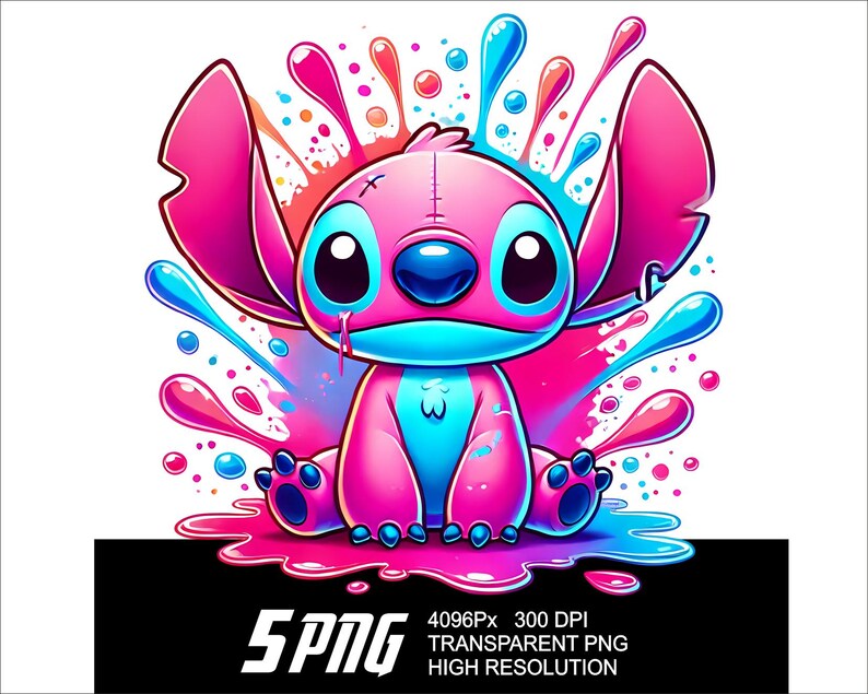 May include: A pink and blue cartoon character with large ears and a stitched-up face, surrounded by colourful paint splatters. The character is sitting in a puddle of pink paint.