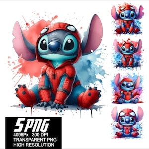 May include: Five digital images of Stitch from Lilo & Stitch dressed as Spider-Man. The images are set against a watercolor background with splashes of red, blue, and white.