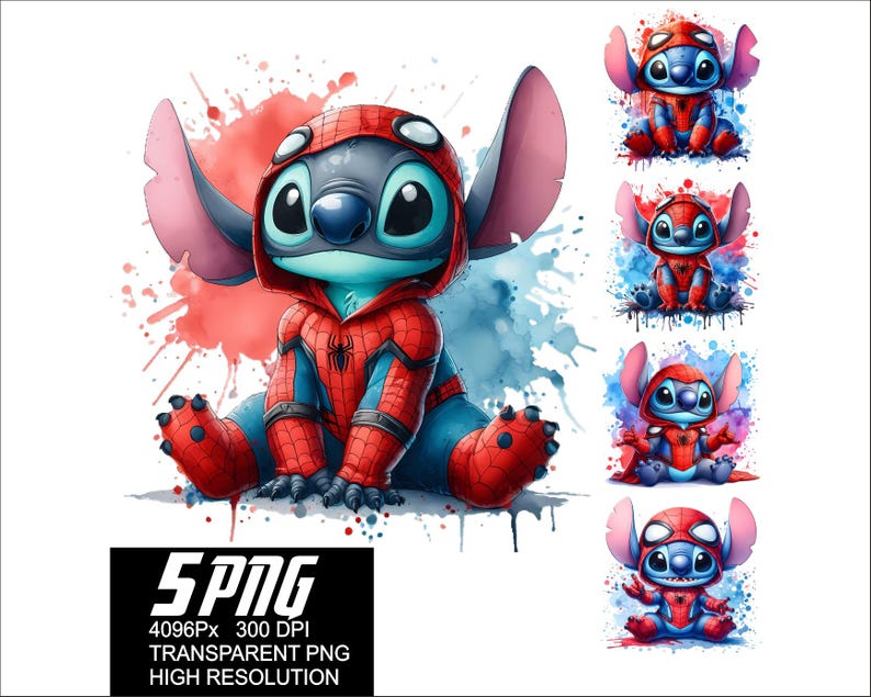 May include: Five digital images of Stitch from Lilo & Stitch dressed as Spider-Man. The images are set against a watercolor background with splashes of red, blue, and white.