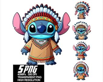5 PNG-stygn med infödda indianer, PNG, högupplösta 4096px-designer, utskrift eller sublimering för t-shirtklistermärken, mugg