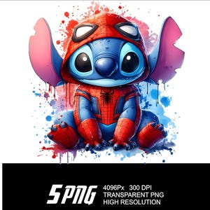 May include: A blue Stitch character wearing a red and blue Spiderman costume with a watercolor background.