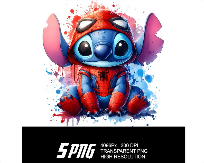 May include: A blue Stitch character wearing a red and blue Spiderman costume with a watercolor background.