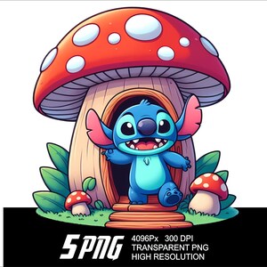 May include: A blue cartoon character with large eyes and a big smile stands in the doorway of a mushroom house. The mushroom has a red cap with white spots and a brown stem. The character is wearing a blue shirt and has large ears.