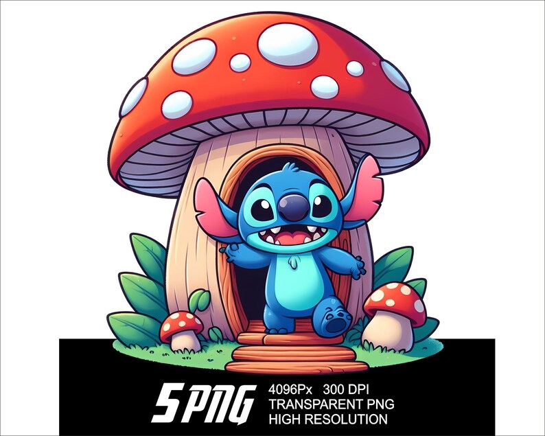 May include: A blue cartoon character with large eyes and a big smile stands in the doorway of a mushroom house. The mushroom has a red cap with white spots and a brown stem. The character is wearing a blue shirt and has large ears.