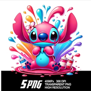 May include: A pink and blue cartoon character with large ears and a flower in its hair. The character is surrounded by colourful paint splatters and paint bottles. 5PNG 4096Px 300 DPI TRANSPARENT PNG HIGH RESOLUTION