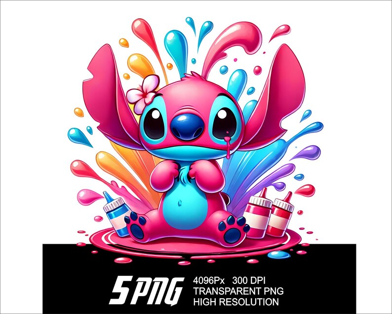 May include: A pink and blue cartoon character with large ears and a flower in its hair. The character is surrounded by colourful paint splatters and paint bottles. 5PNG 4096Px 300 DPI TRANSPARENT PNG HIGH RESOLUTION