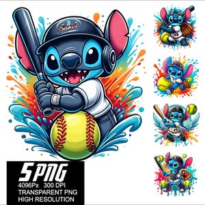 Puede incluir: Cinco ilustraciones digitales de Stitch de Lilo & Stitch jugando al béisbol. Stitch lleva un uniforme de béisbol y sostiene un bate, una pelota o un guante. Las ilustraciones están sobre un fondo colorido de salpicaduras de pintura.