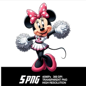 May include: A cartoon illustration of Minnie Mouse dressed as a cheerleader. She is wearing a white and pink cheerleading outfit with a red bow in her hair. She is holding a white pom-pom in each hand and is smiling.