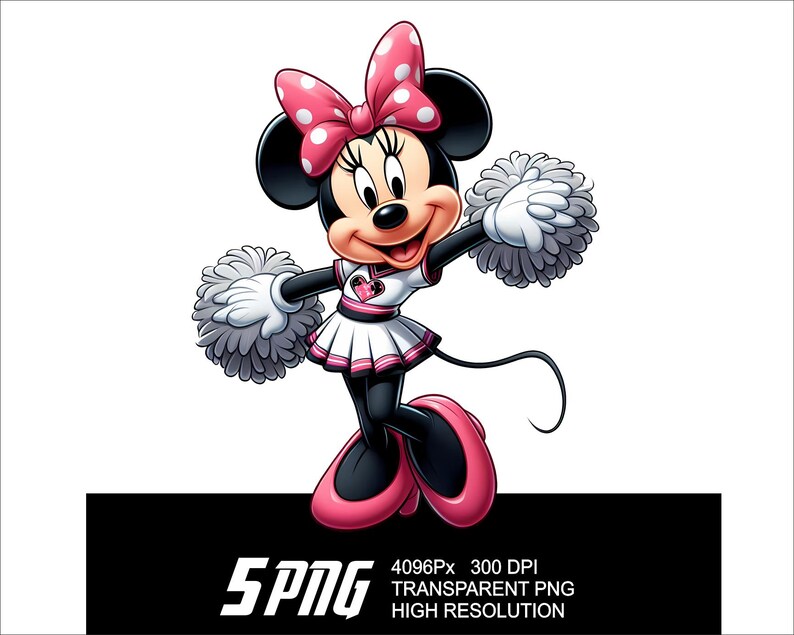 May include: A cartoon illustration of Minnie Mouse dressed as a cheerleader. She is wearing a white and pink cheerleading outfit with a red bow in her hair. She is holding a white pom-pom in each hand and is smiling.