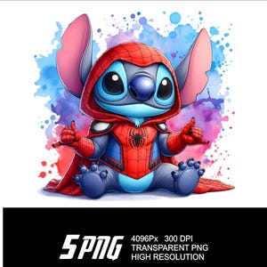 May include: A blue Stitch character wearing a red and black Spiderman costume with a red cape. The character is sitting on a watercolor background with blue, purple, and pink colors.