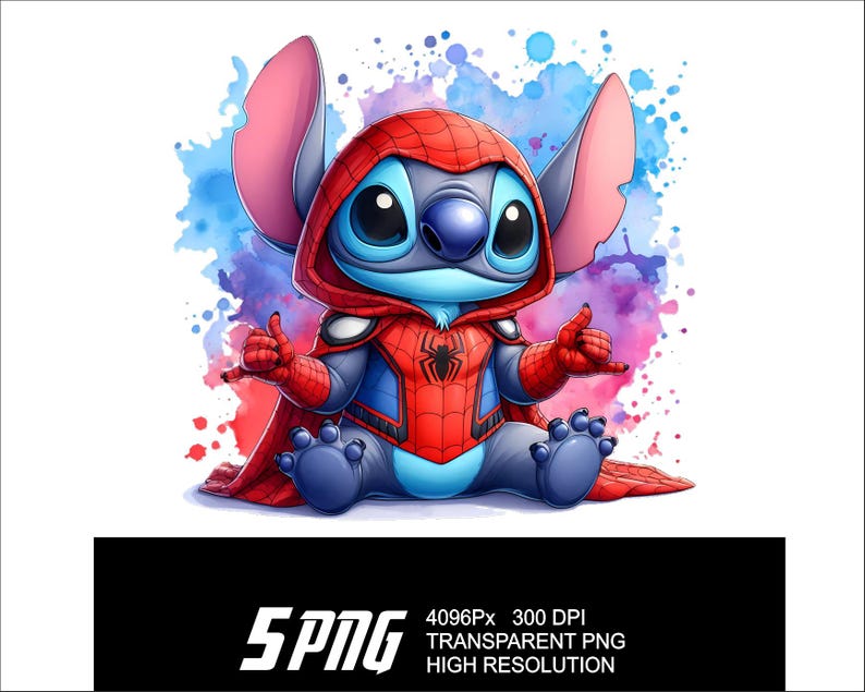 May include: A blue Stitch character wearing a red and black Spiderman costume with a red cape. The character is sitting on a watercolor background with blue, purple, and pink colors.