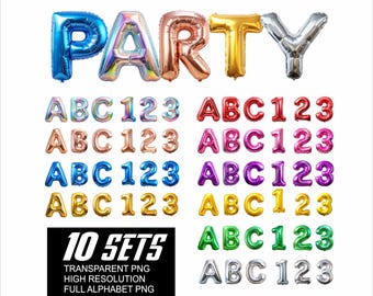 10 BUNDLE Party Alphabet PNG 10 Color Sets Balloon Letters and Numbers Png Font