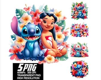 5 PNG Stitch Lilo Flowers Design Stitch Flowers Lilo Png High Resolution 4096px  Designs printing or Sublimation for Tshirt Sticker Mug